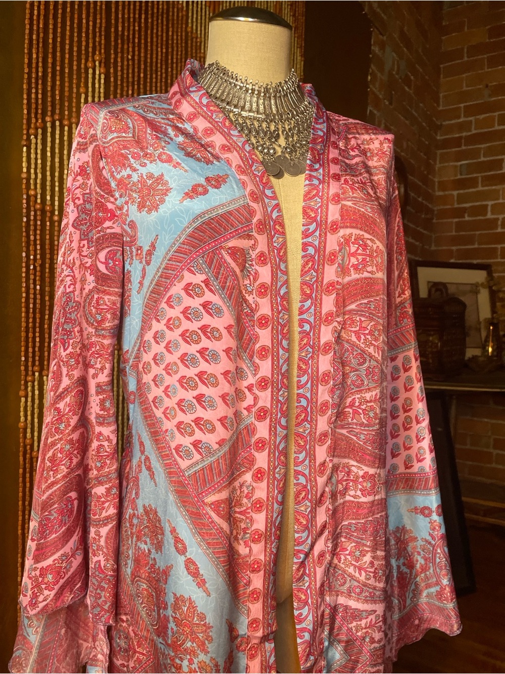 Pink & Light Blue Paisley Long Robe - Picture 9 of 9